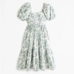 Abercrombie & Fitch Poplin Puff Sleeve Midi Dress Green and White